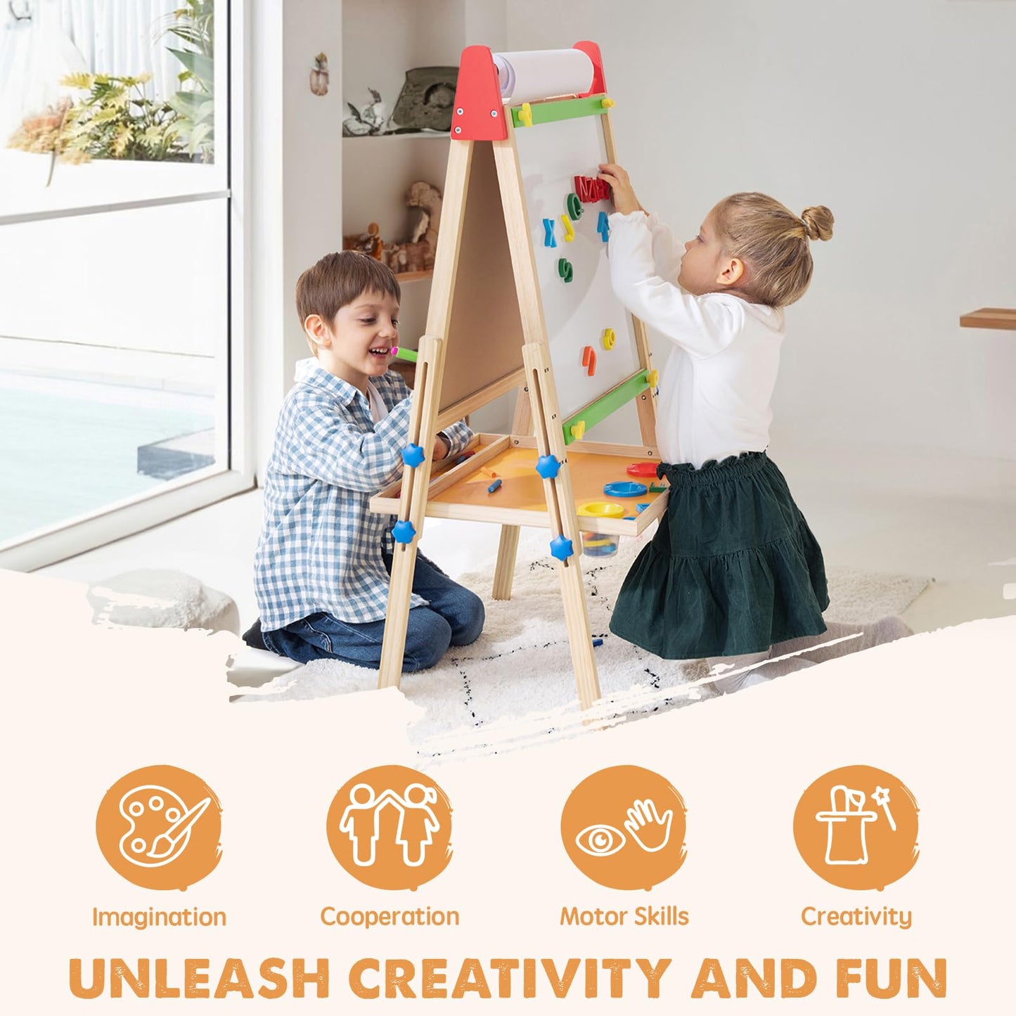 Tiny Land 3-in-1 Kids Easel: Wooden Art Easel with Paper Roll, Magnetic Whiteboard & Chalkboard
