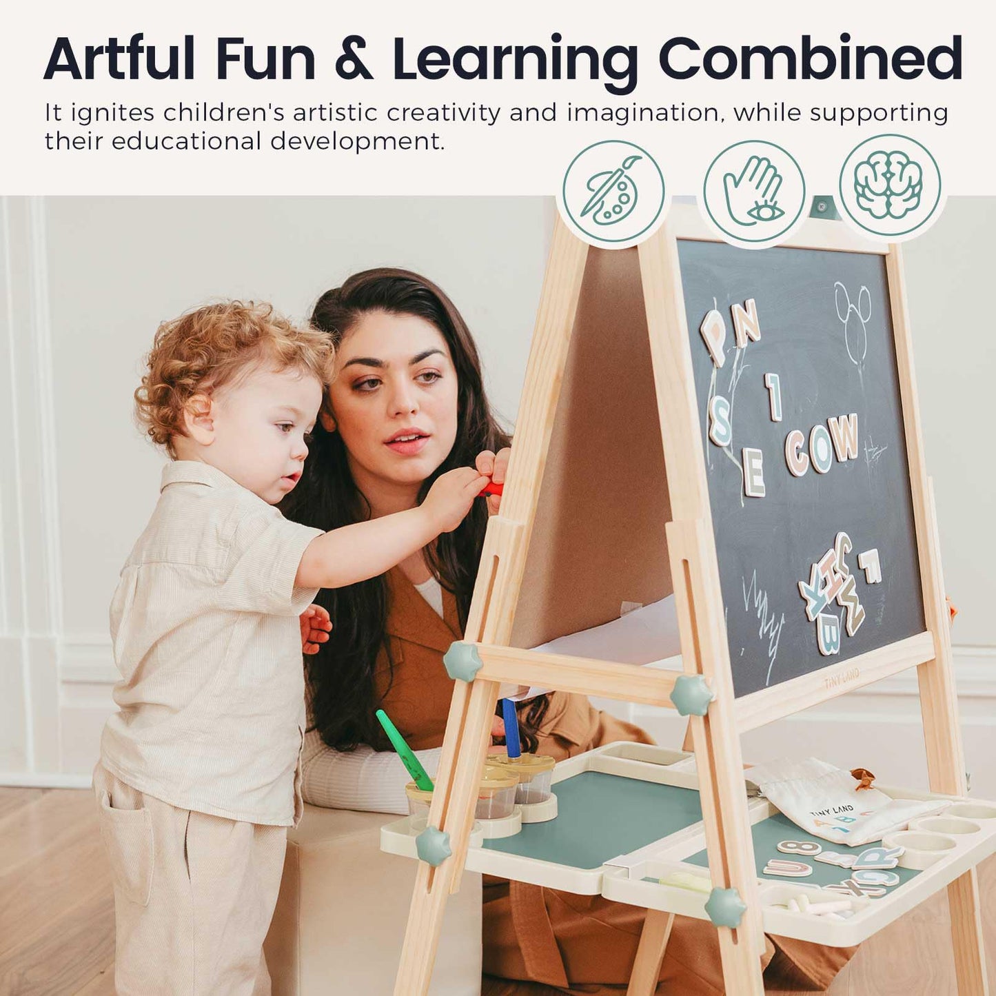 Tiny Land Kids Easel – Double-Sided Magnetic Wooden Easel with Paper Roll, Adjustable Height for 3–8 Years (Green)