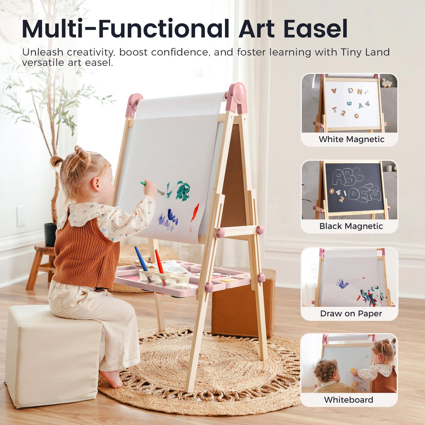Tiny Land Easel for Kids – Double-Sided Magnetic Easel with Paper Roll & Accessories (Pink)