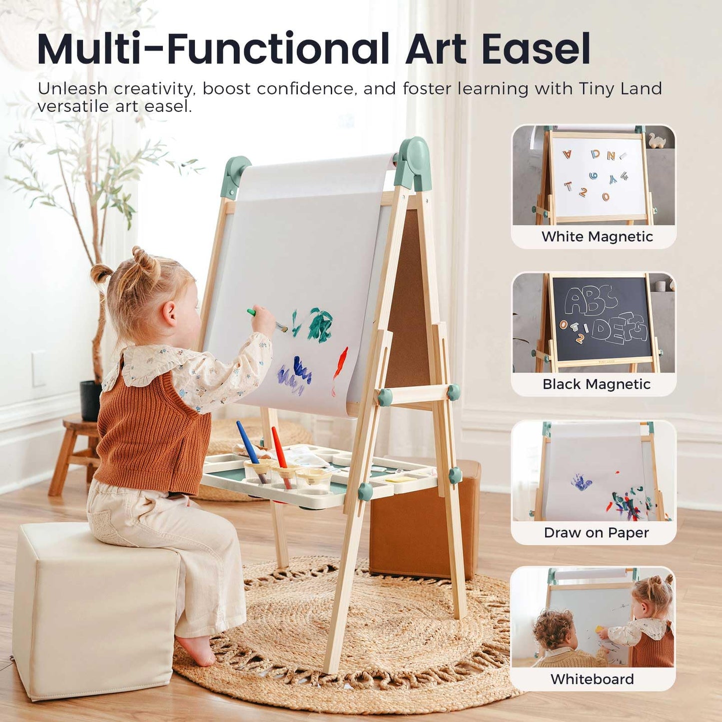 Tiny Land Kids Easel – Double-Sided Magnetic Wooden Easel with Paper Roll, Adjustable Height for 3–8 Years (Green)