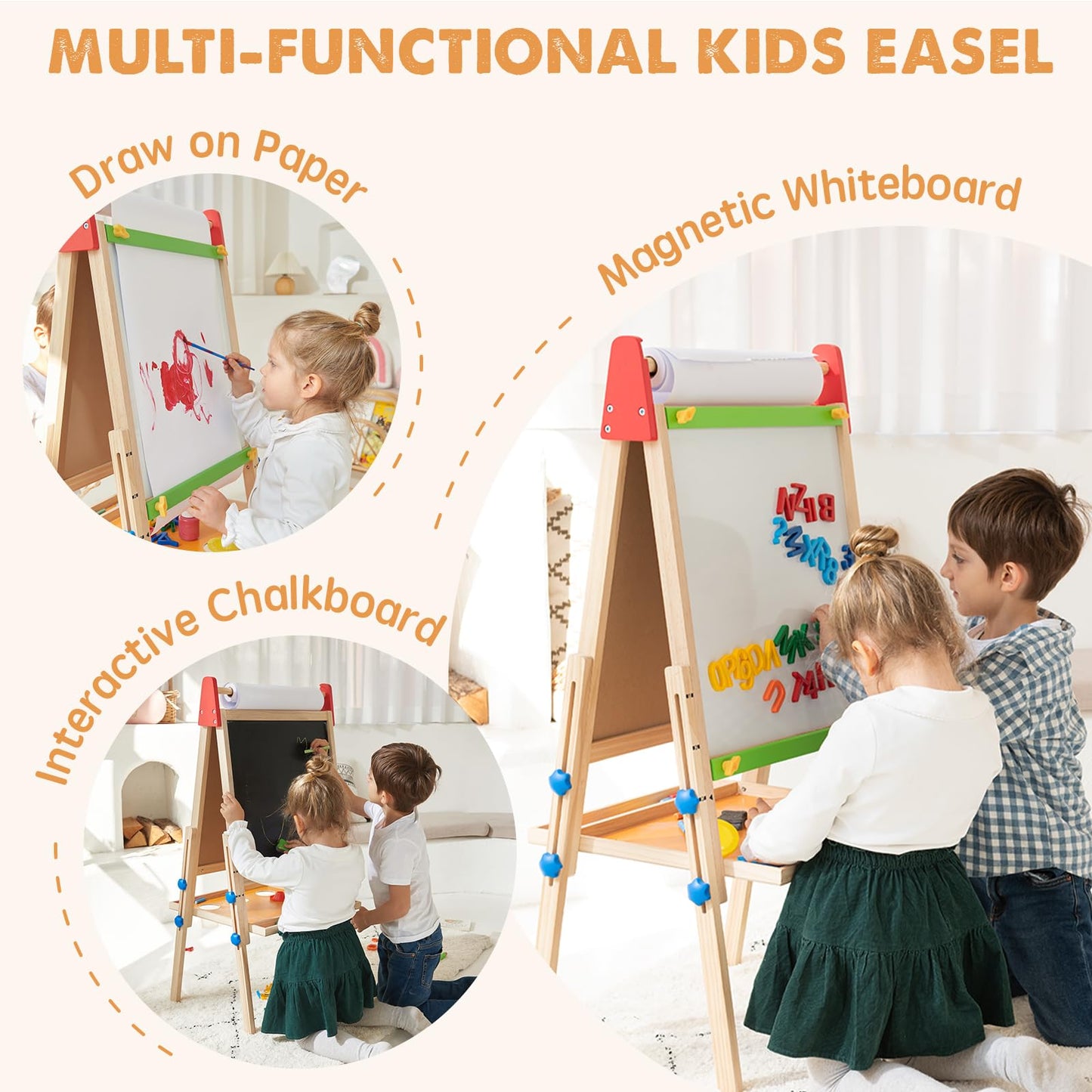 Tiny Land 3-in-1 Kids Easel: Wooden Art Easel with Paper Roll, Magnetic Whiteboard & Chalkboard