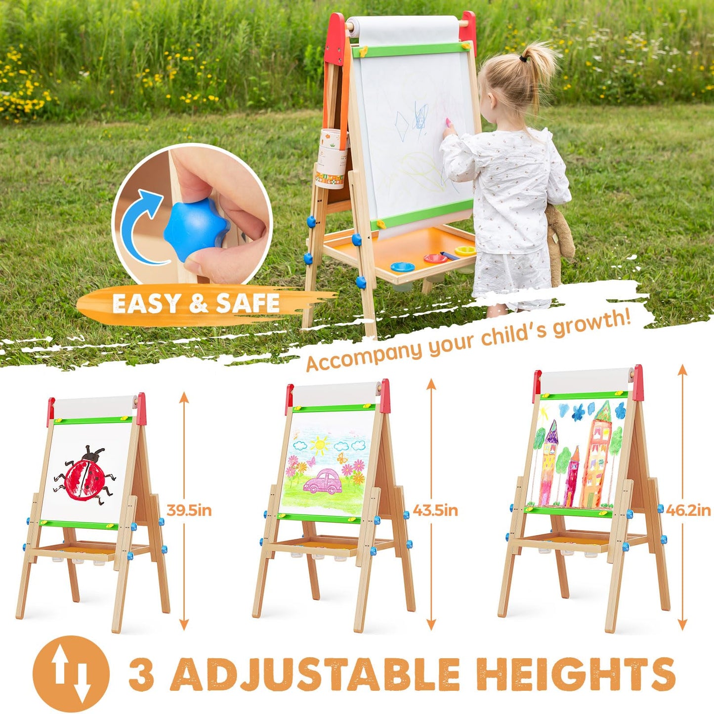 Tiny Land 3-in-1 Kids Easel: Wooden Art Easel with Paper Roll, Magnetic Whiteboard & Chalkboard