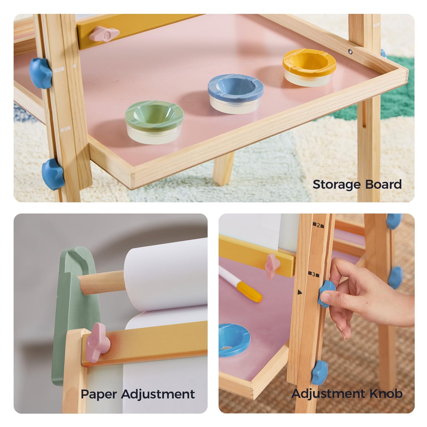 Tiny Land Kids Easel – 3-in-1 Wooden Art Easel with Magnetic Whiteboard, Chalkboard, and Paper Roll (Pink)