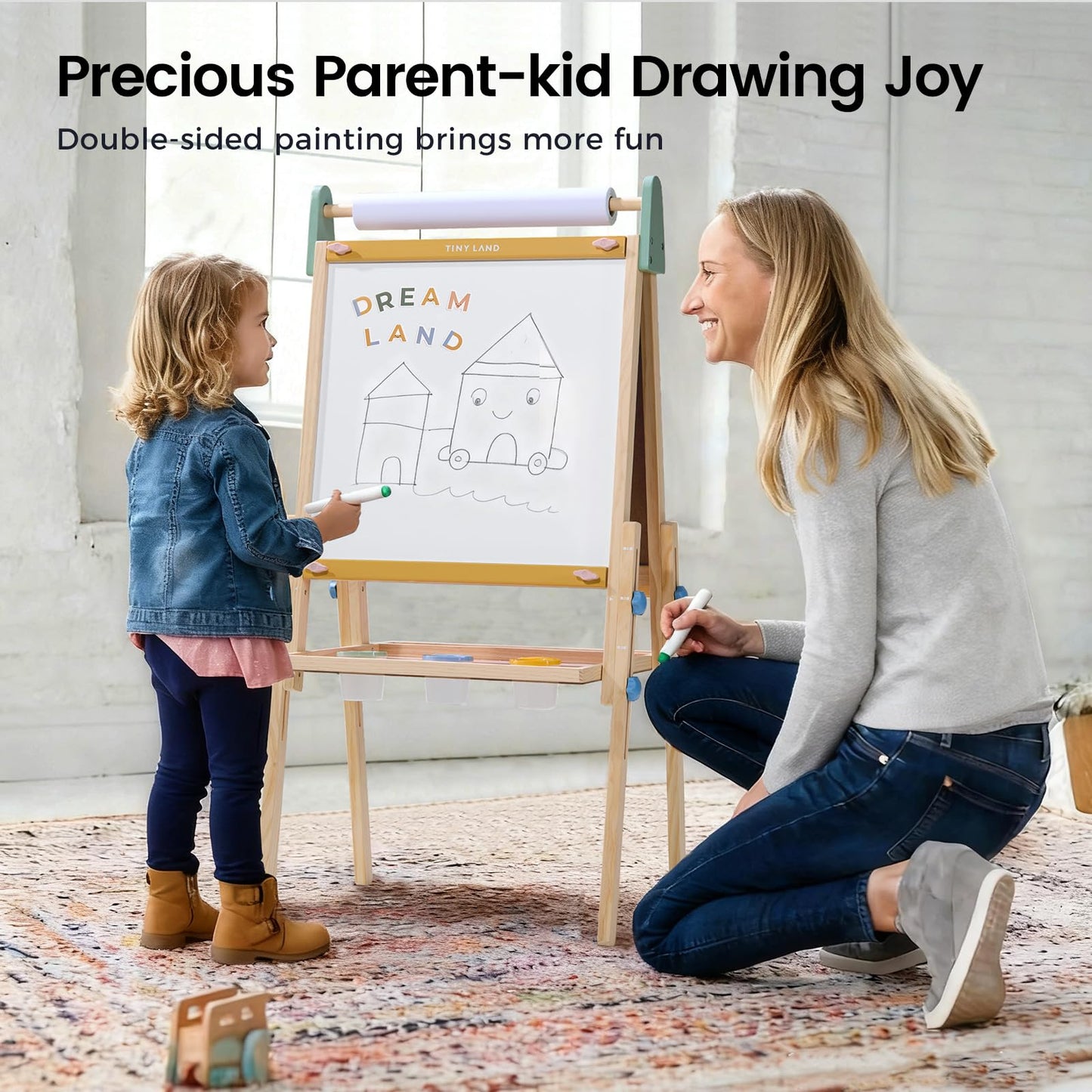 Tiny Land Kids Easel – 3-in-1 Wooden Art Easel with Magnetic Whiteboard, Chalkboard, and Paper Roll (Pink)