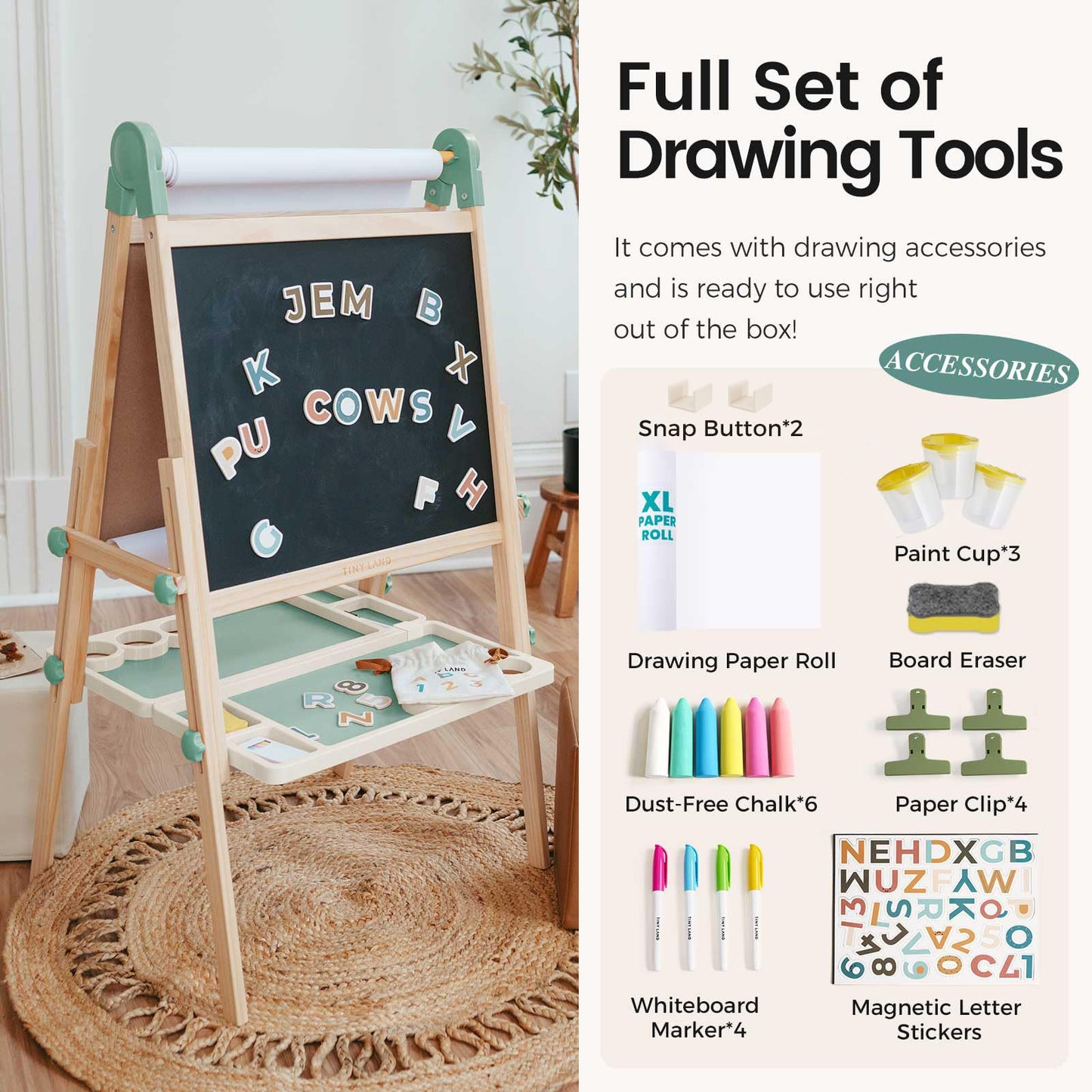 Tiny Land Kids Easel – Double-Sided Magnetic Wooden Easel with Paper Roll, Adjustable Height for 3–8 Years (Green)