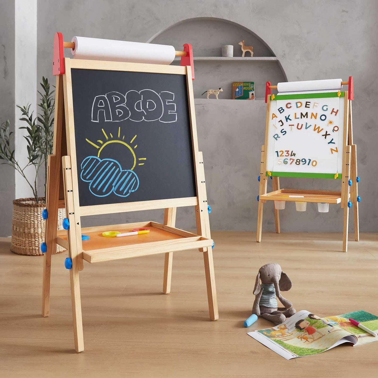 Tiny Land 3-in-1 Kids Easel: Wooden Art Easel with Paper Roll, Magnetic Whiteboard & Chalkboard