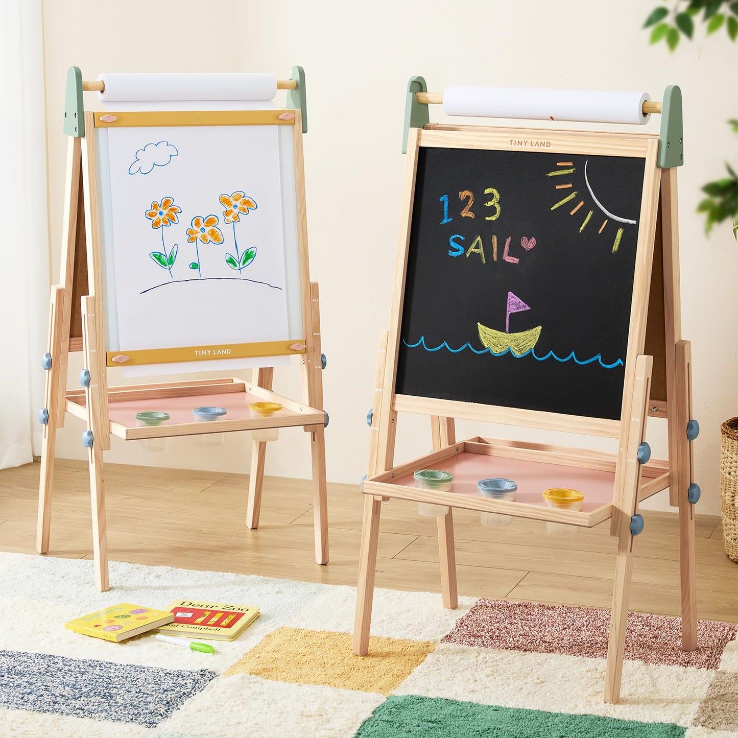 Tiny Land Kids Easel – 3-in-1 Wooden Art Easel with Magnetic Whiteboard, Chalkboard, and Paper Roll (Pink)