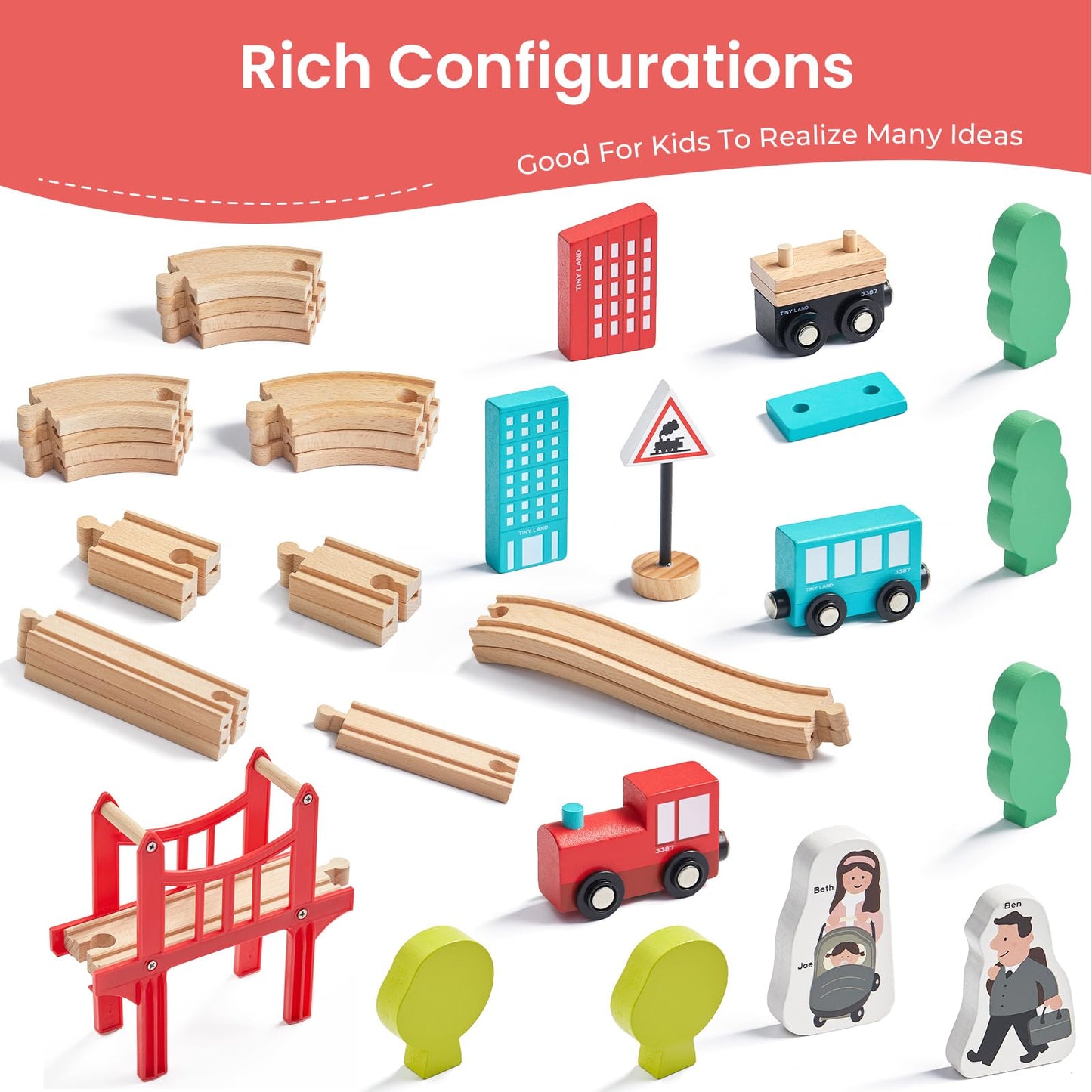 Tiny Land Wooden Train Set – 39 Pcs Beech Wood, Expandable & Brand-Compatible