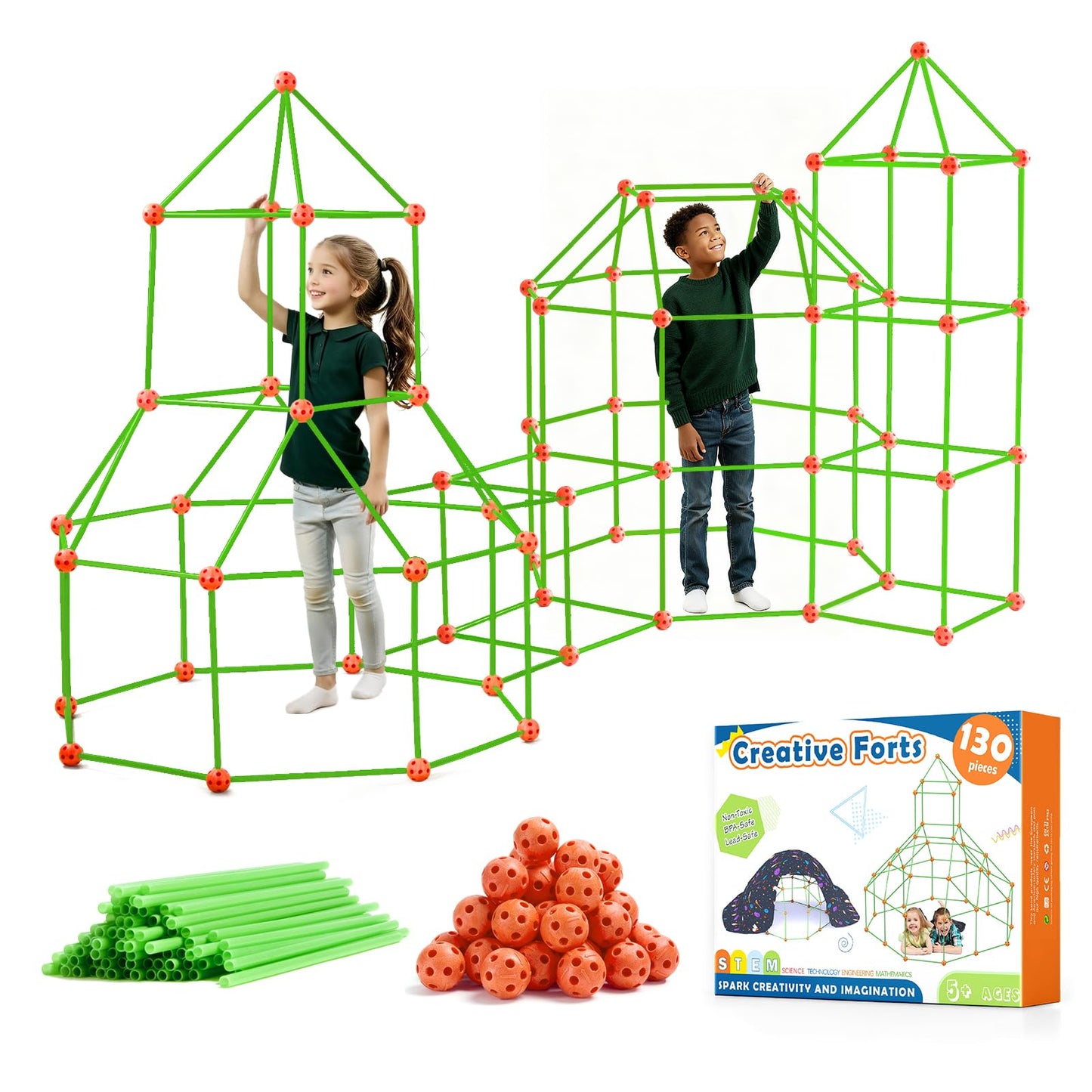 Tiny Land Fort Building Kit – Creative STEM Forts for Kids 5-12 (130-Piece Set with 86 Rods & 44 Balls)