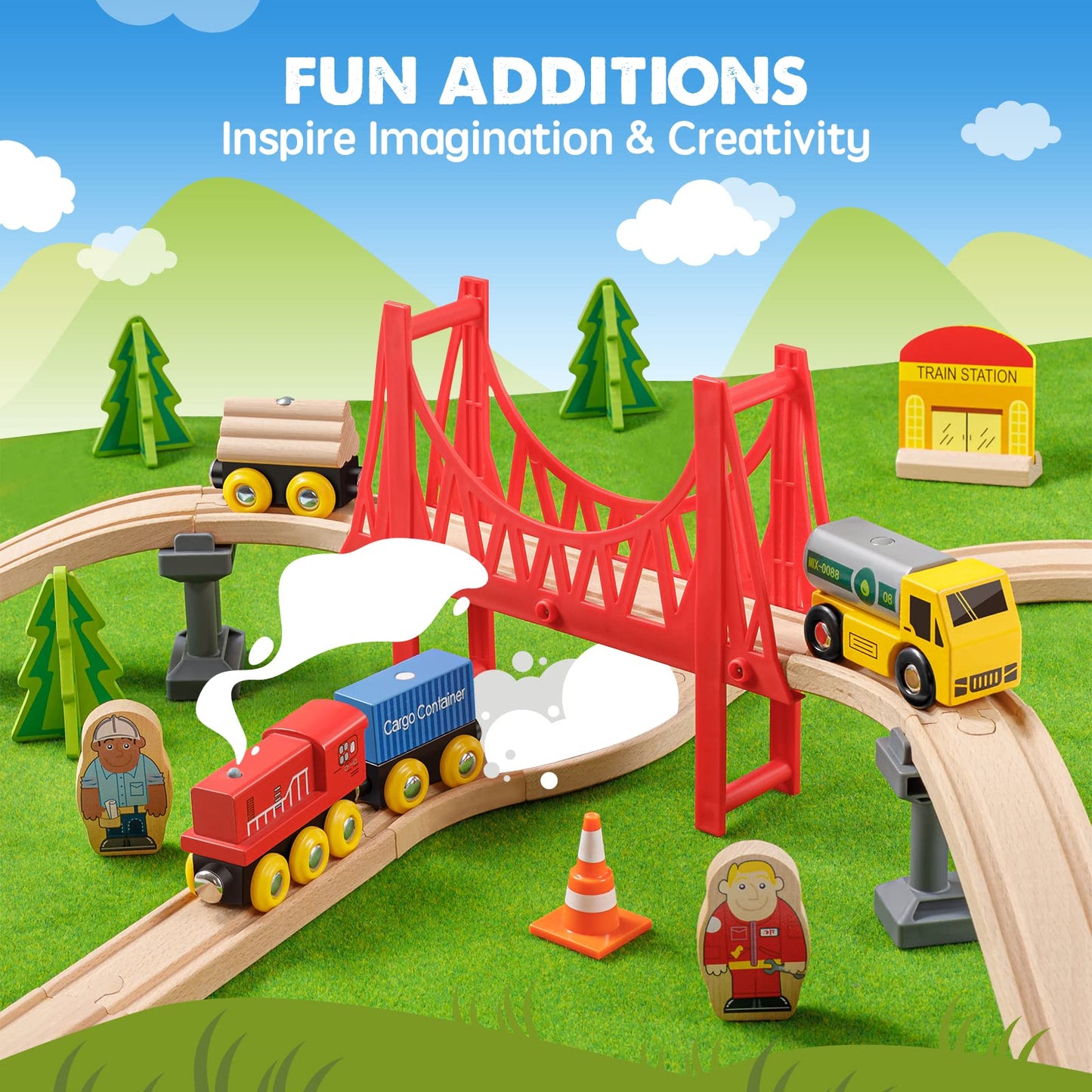 Tiny Land 55PCS Wooden Train Set — Compatible with Major Brand Tracks for Ages 3-7