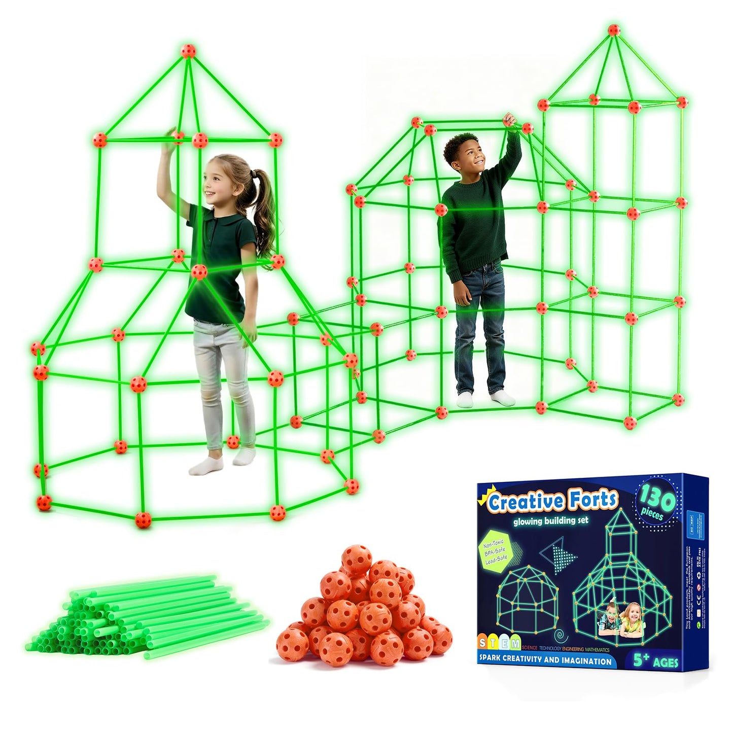 Tiny Land Glow Fort Building Kit for Kids – 86 Glow Rods & 44 Balls | Indoor & Outdoor