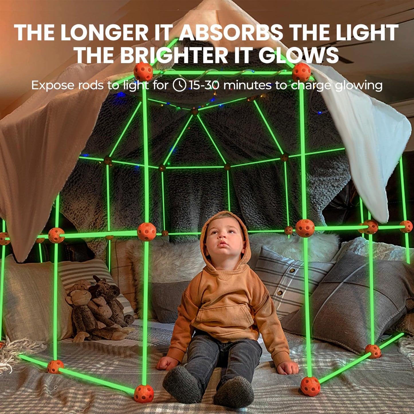 Tiny Land Glow Fort Building Kit for Kids – 86 Glow Rods & 44 Balls | Indoor & Outdoor