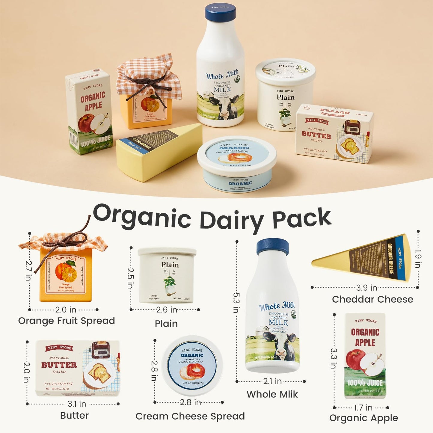 Tiny Land Wooden Dairy & Drinks Set – 7-Piece Pretend Food Toy for Toddlers & Kids 3+