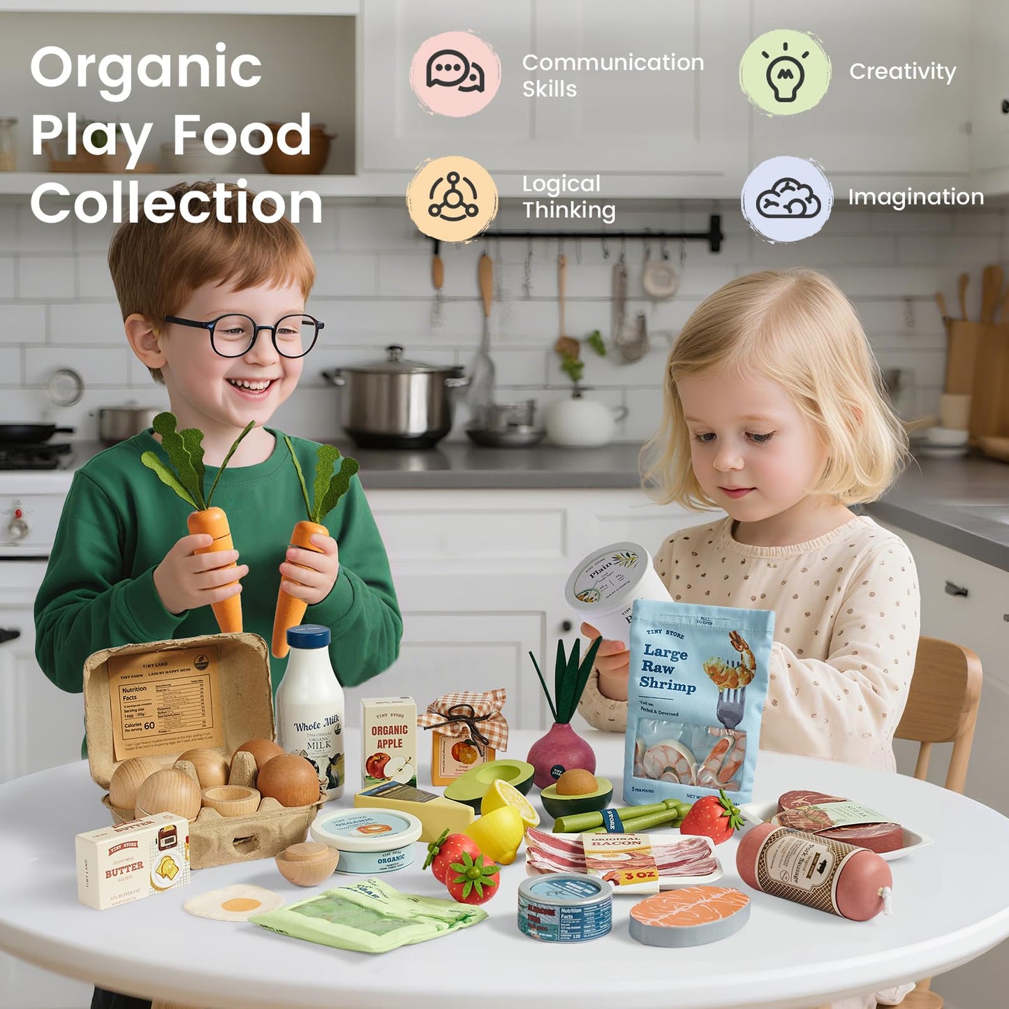 Tiny Land Wooden Dairy & Drinks Set – 7-Piece Pretend Food Toy for Toddlers & Kids 3+