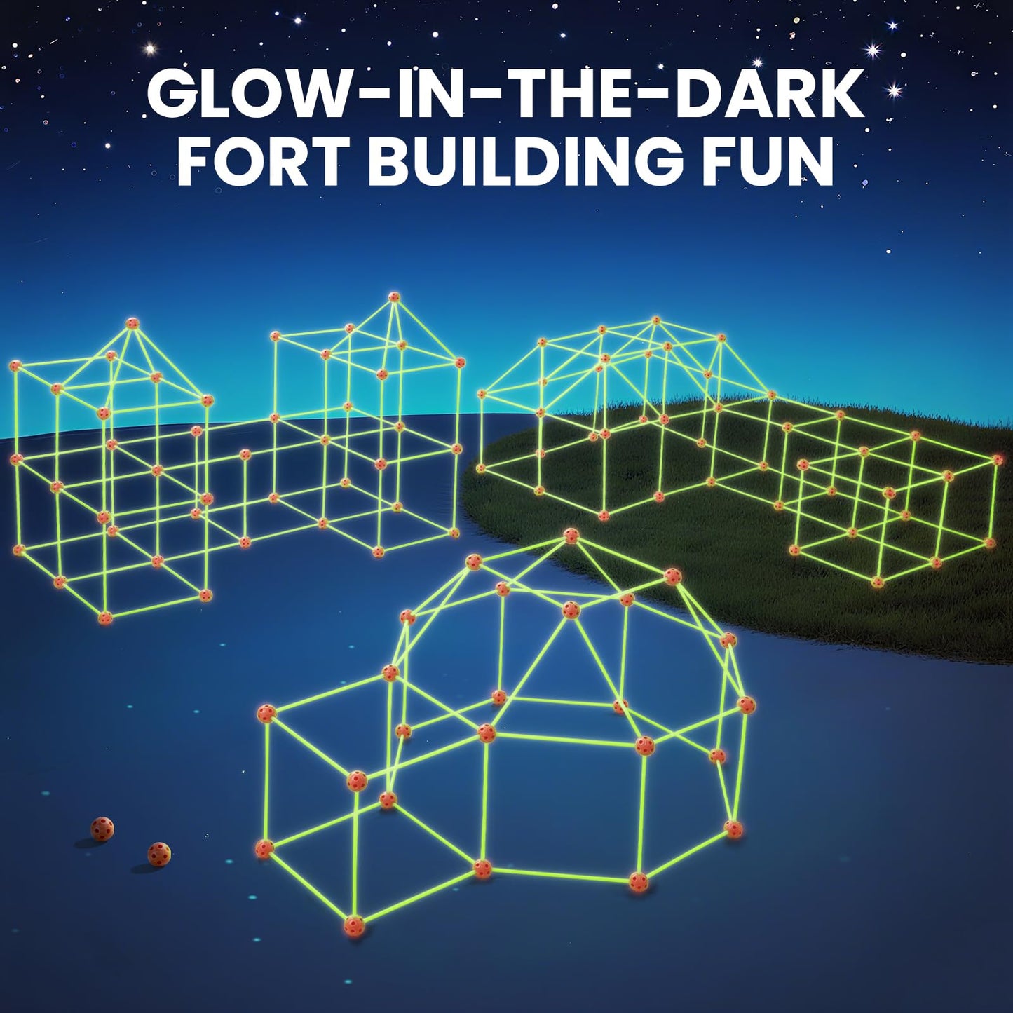 Tiny Land Glow Fort Building Kit for Kids – 86 Glow Rods & 44 Balls | Indoor & Outdoor