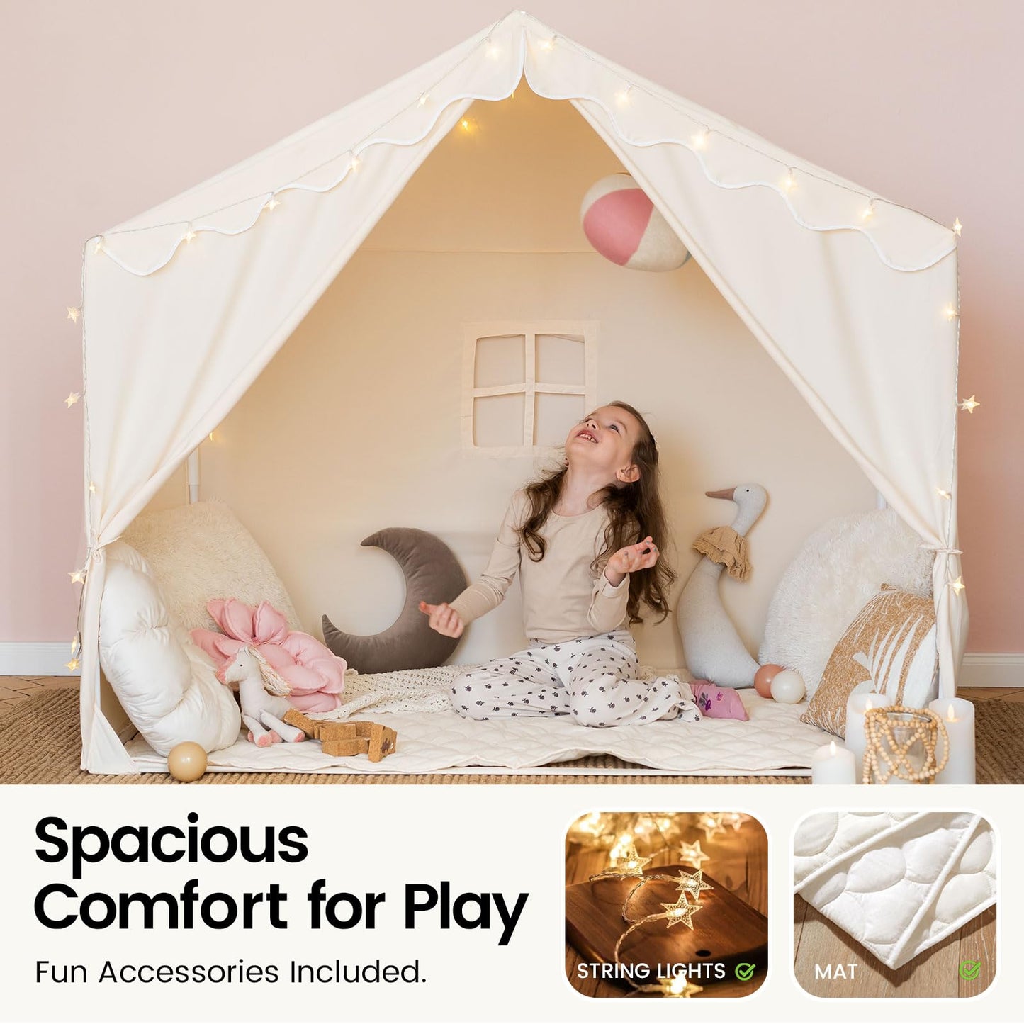 Tiny Land Kids Tent with Mat and Star Lights | Indoor Playhouse for Toddlers | 57 x 36 x 52 in