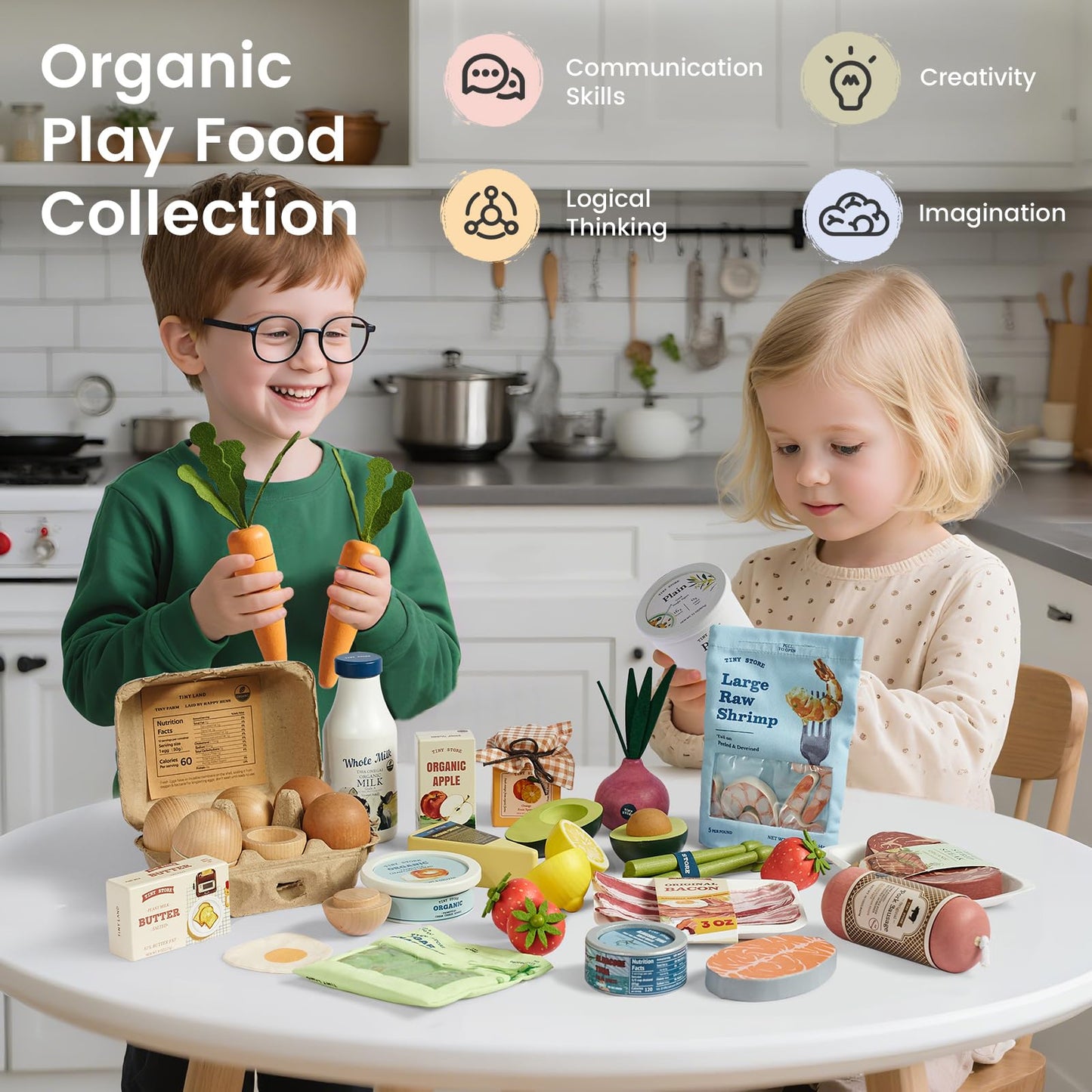Tiny Land Organic Wooden 7-Piece Veg & Fruit Play Set | Montessori Pretend Food for Kids