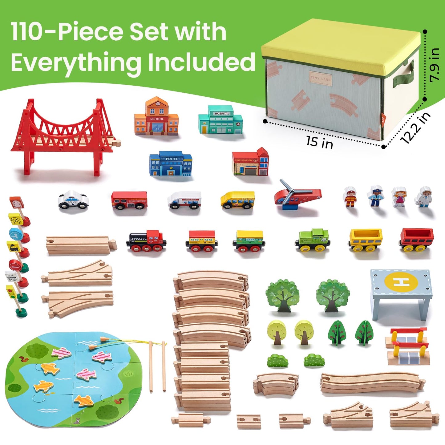 Tiny Land 110-Piece Wooden Train Set with Folding Storage Box