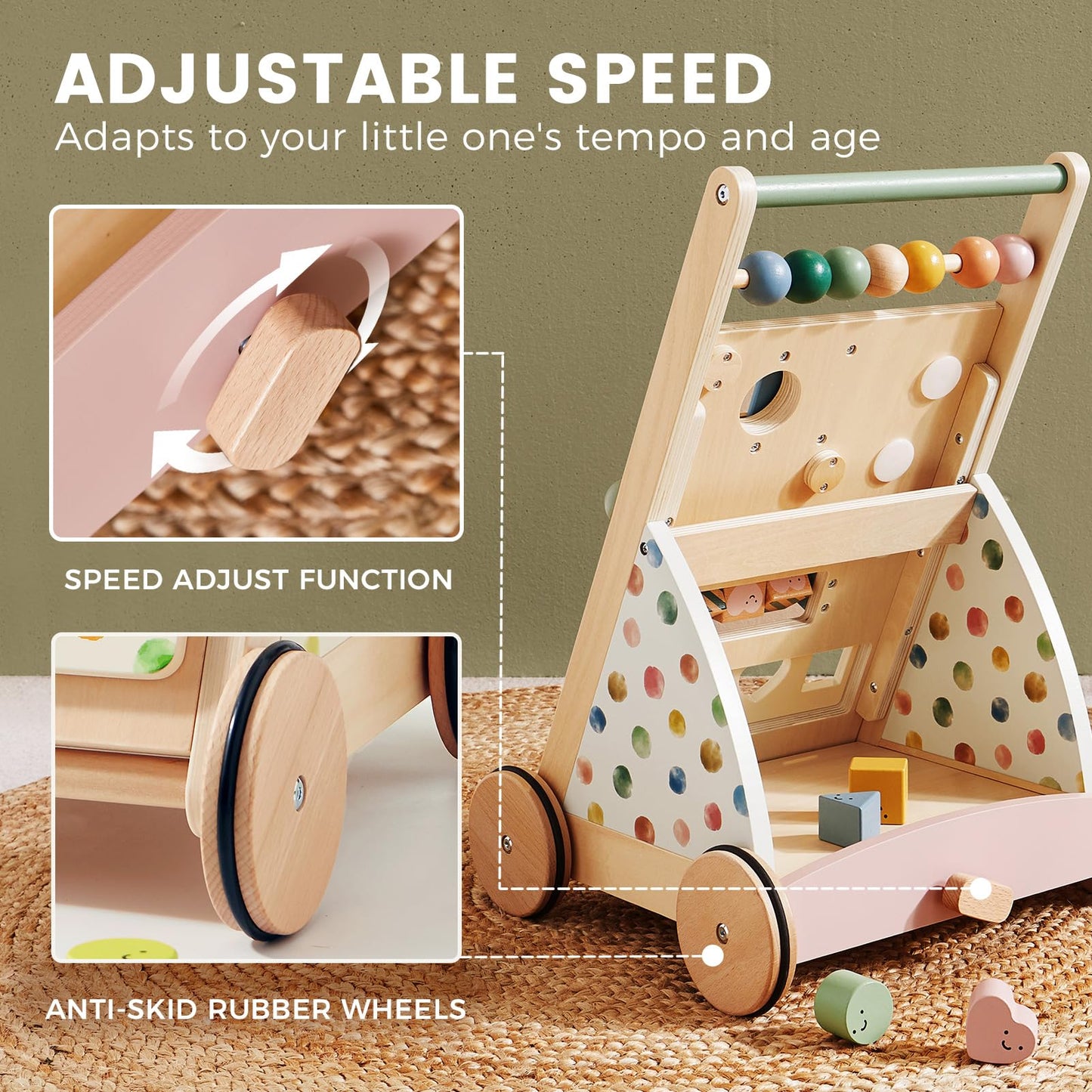 Tiny Land Wooden Baby Walker with Adjustable Speed — Montessori Activity Push Walker