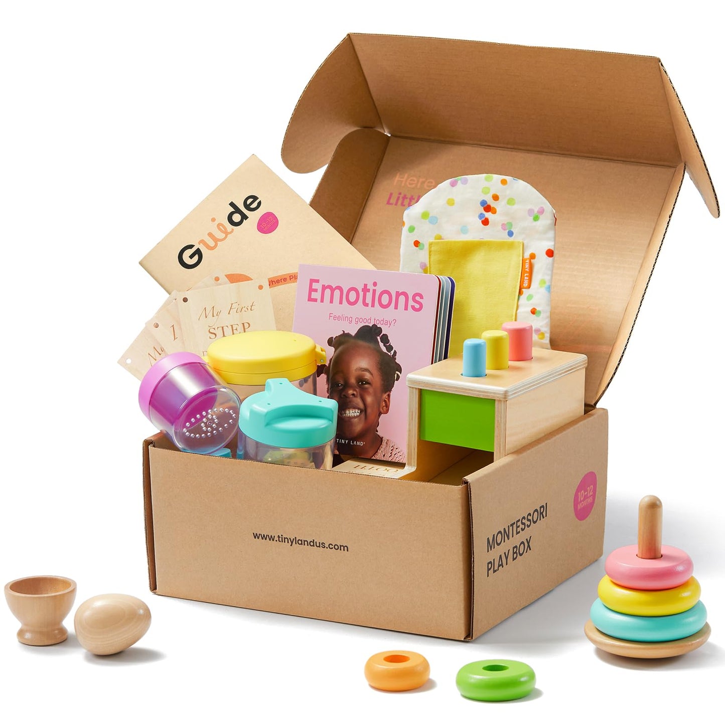 Tiny Land Montessori 5-in-1 Wooden Toy Set for Babies 1 Year Old – Peg Drop Box, Rocking Stacker & More