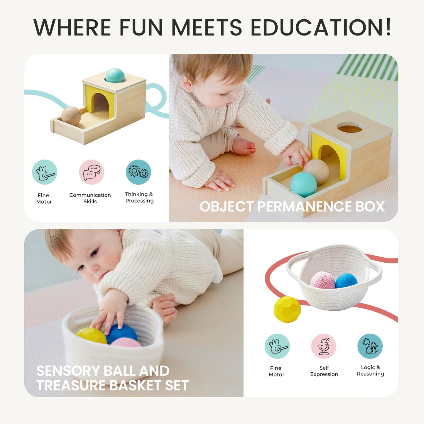 Tiny Land Montessori Toy Set for Babies 7-9 Months – 5-in-1 Wooden Learning Kit
