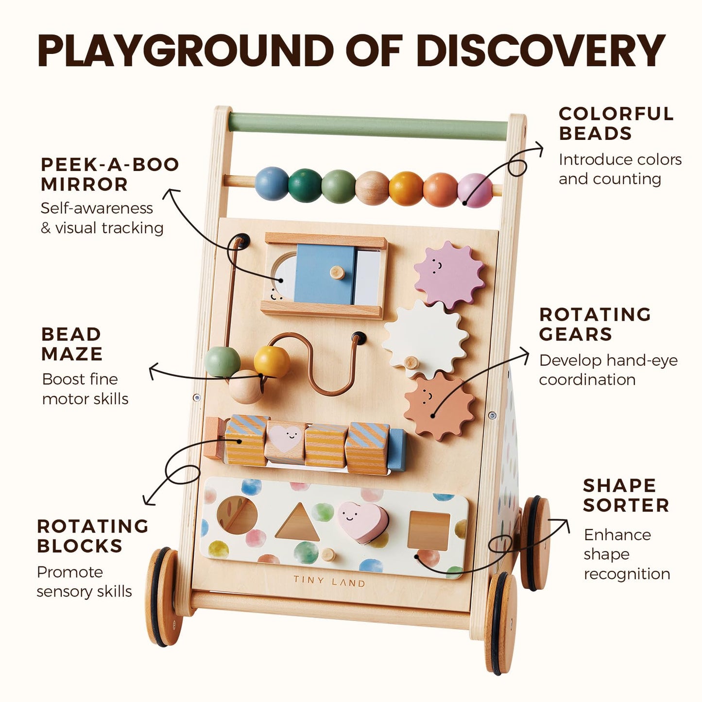 Tiny Land Wooden Baby Walker with Adjustable Speed — Montessori Activity Push Walker