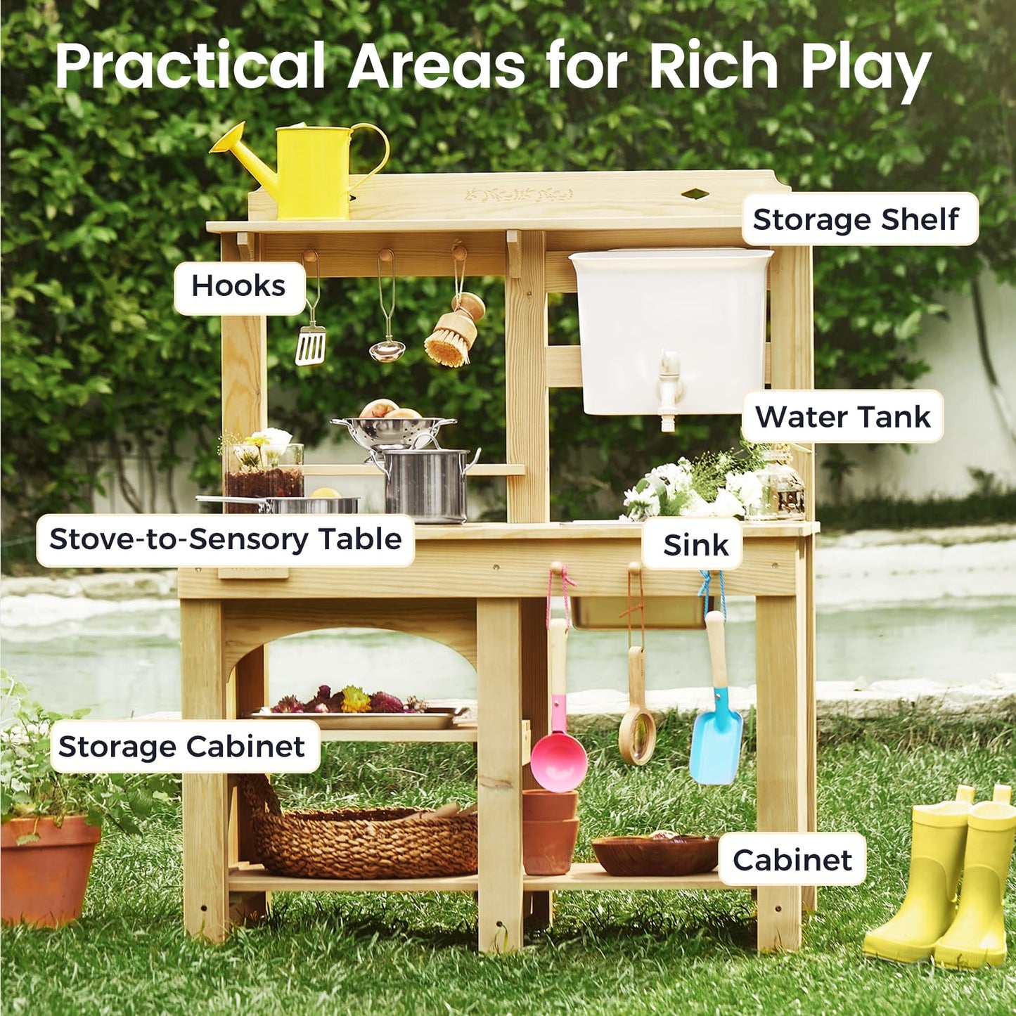 Tiny Land Outdoor Mud Kitchen for Kids | Wooden Play Kitchen with Water Tank & Storage