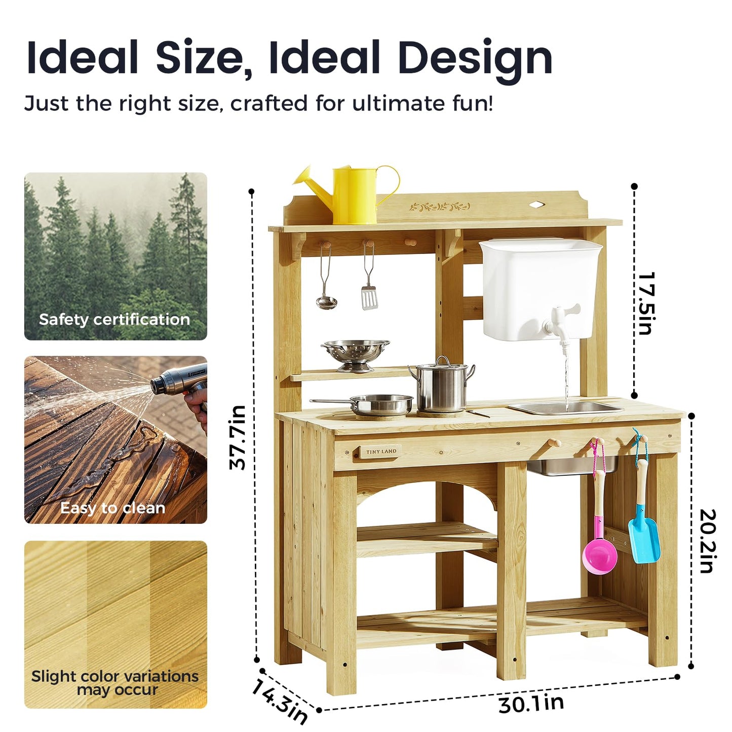 Tiny Land Outdoor Mud Kitchen for Kids | Wooden Play Kitchen with Water Tank & Storage