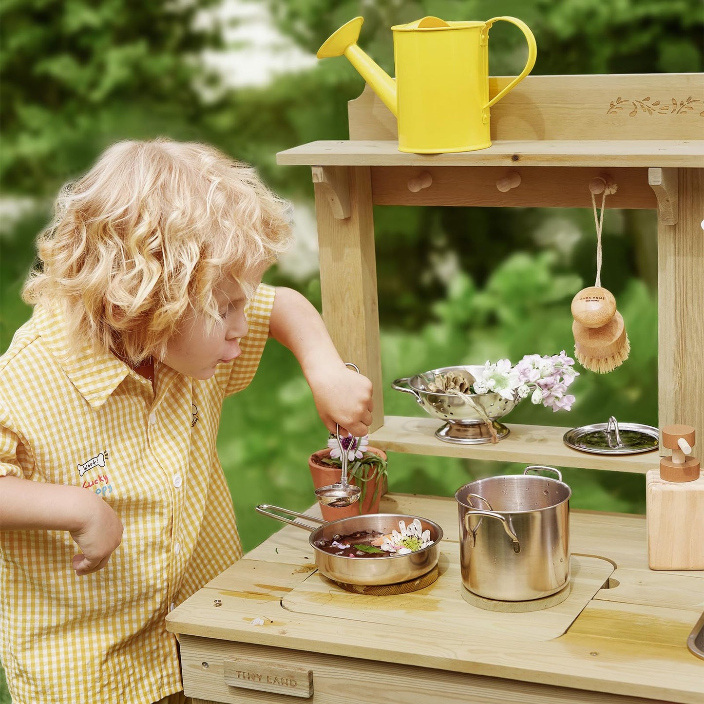 Tiny Land Outdoor Mud Kitchen for Kids | Wooden Play Kitchen with Water Tank & Storage
