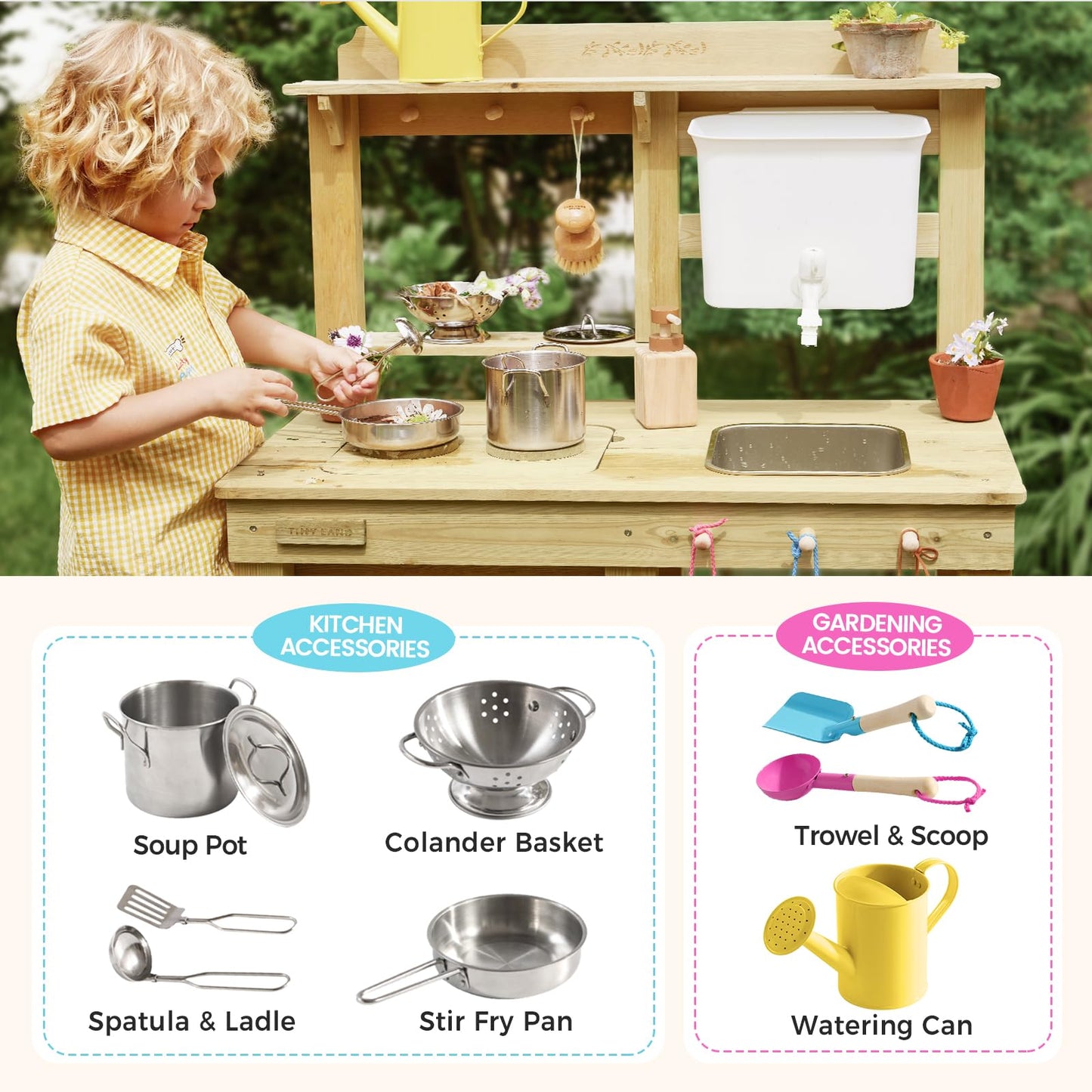 Tiny Land Outdoor Mud Kitchen for Kids | Wooden Play Kitchen with Water Tank & Storage