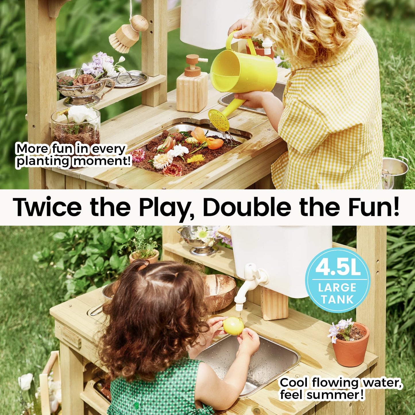 Tiny Land Outdoor Mud Kitchen for Kids | Wooden Play Kitchen with Water Tank & Storage