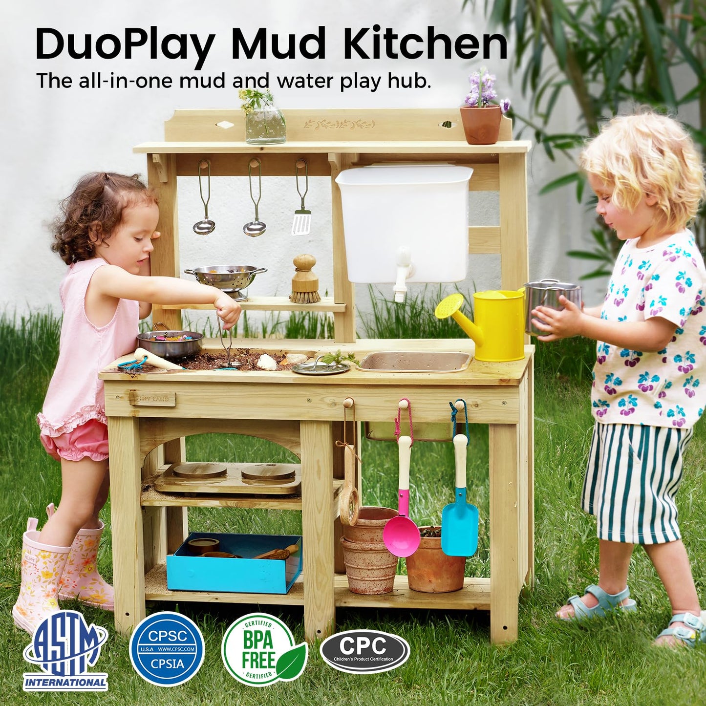 Tiny Land Outdoor Mud Kitchen for Kids | Wooden Play Kitchen with Water Tank & Storage