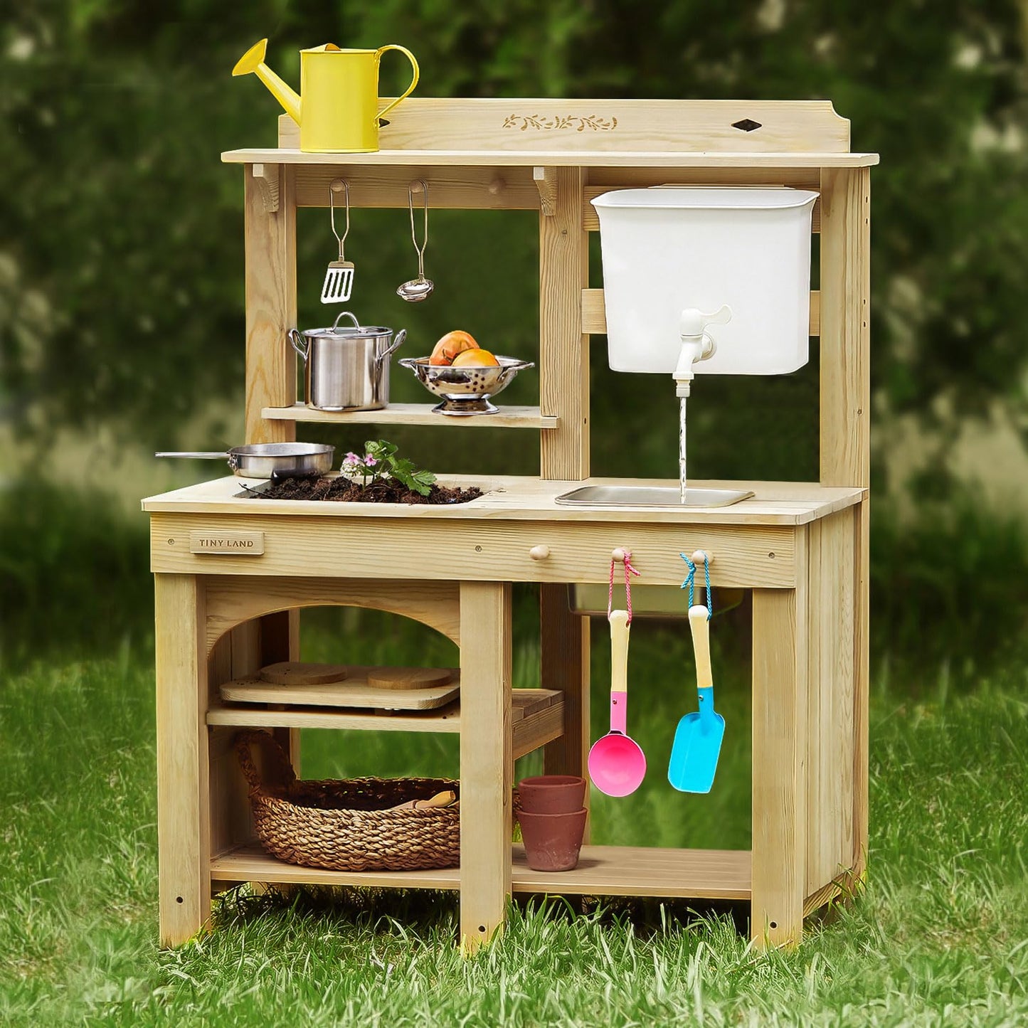 Tiny Land Outdoor Mud Kitchen for Kids | Wooden Play Kitchen with Water Tank & Storage