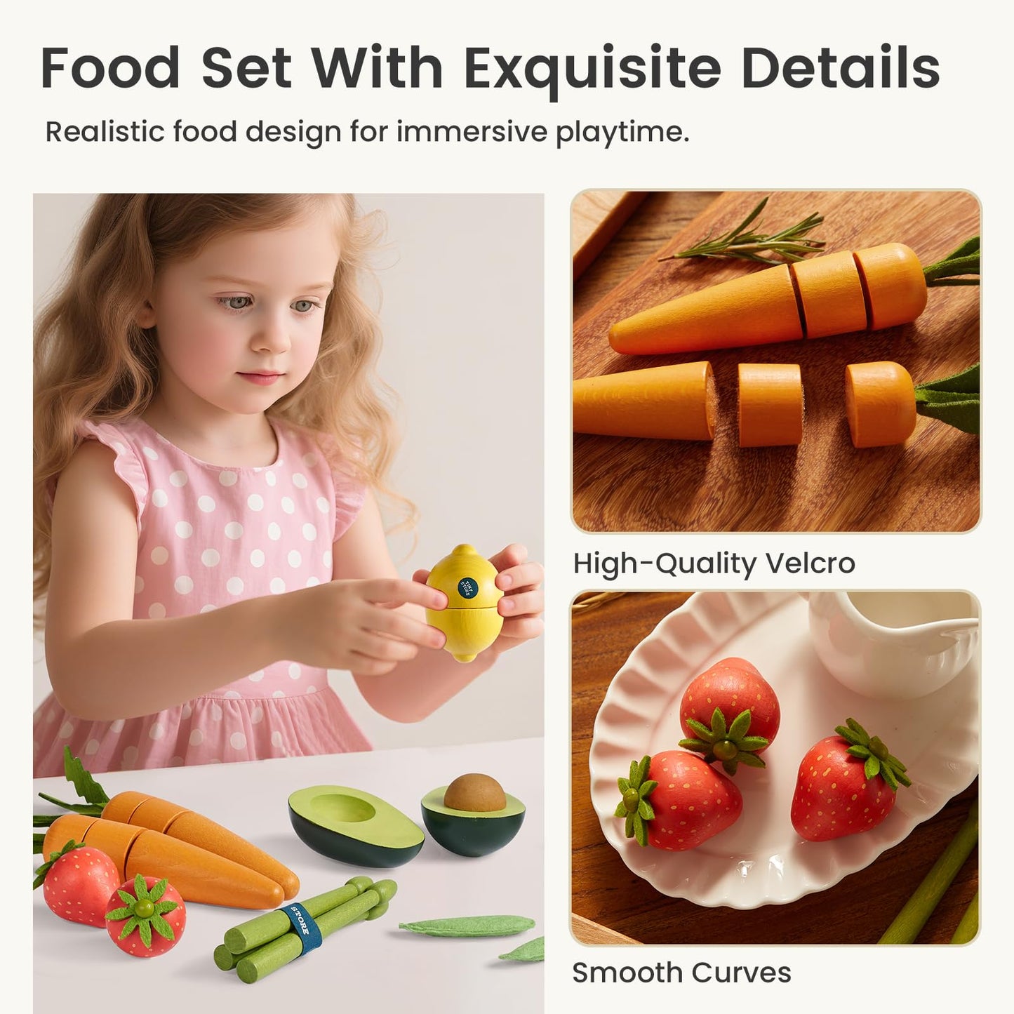 Tiny Land Organic Wooden 7-Piece Veg & Fruit Play Set | Montessori Pretend Food for Kids