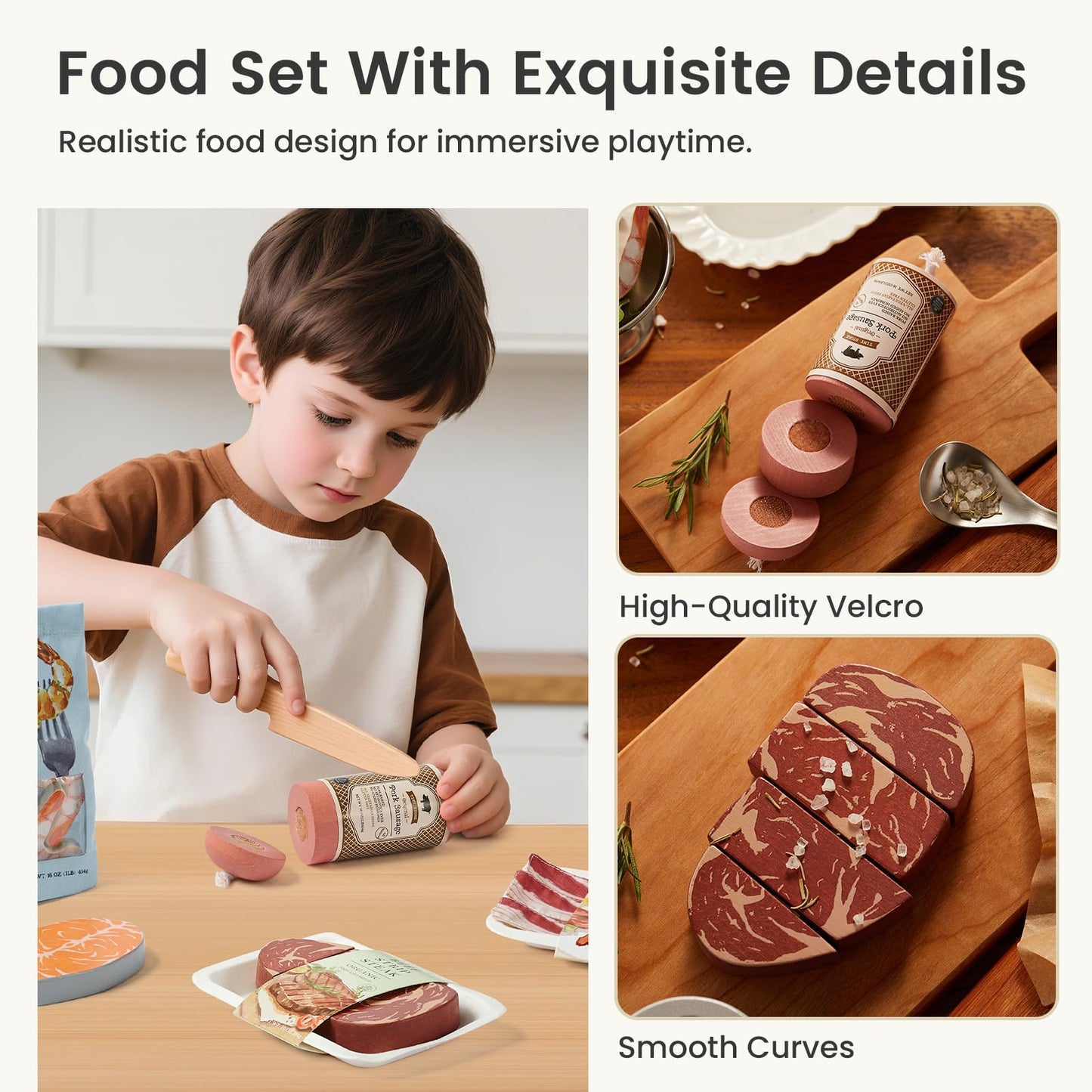 Tiny Land Organic Play Food Set – 6pc Wooden Seafood & Meat Toys for Montessori Kitchen Play