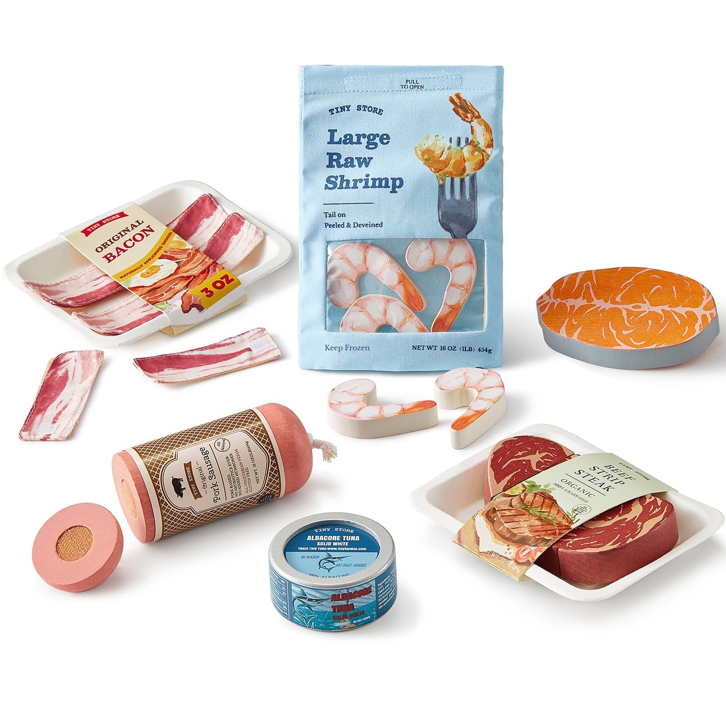 Tiny Land Organic Play Food Set – 6pc Wooden Seafood & Meat Toys for Montessori Kitchen Play