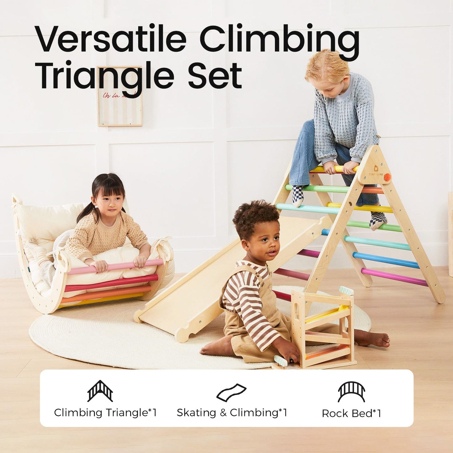 Tiny Land Pikler Triangle Set – 7-in-1 Foldable Rainbow Climbing Toy for Toddlers | Montessori-Inspired Indoor Playground