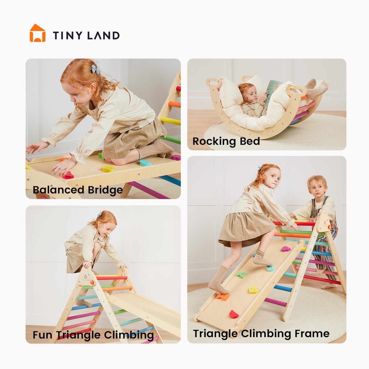 Tiny Land Pikler Triangle Set – 7-in-1 Foldable Rainbow Climbing Toy for Toddlers | Montessori-Inspired Indoor Playground