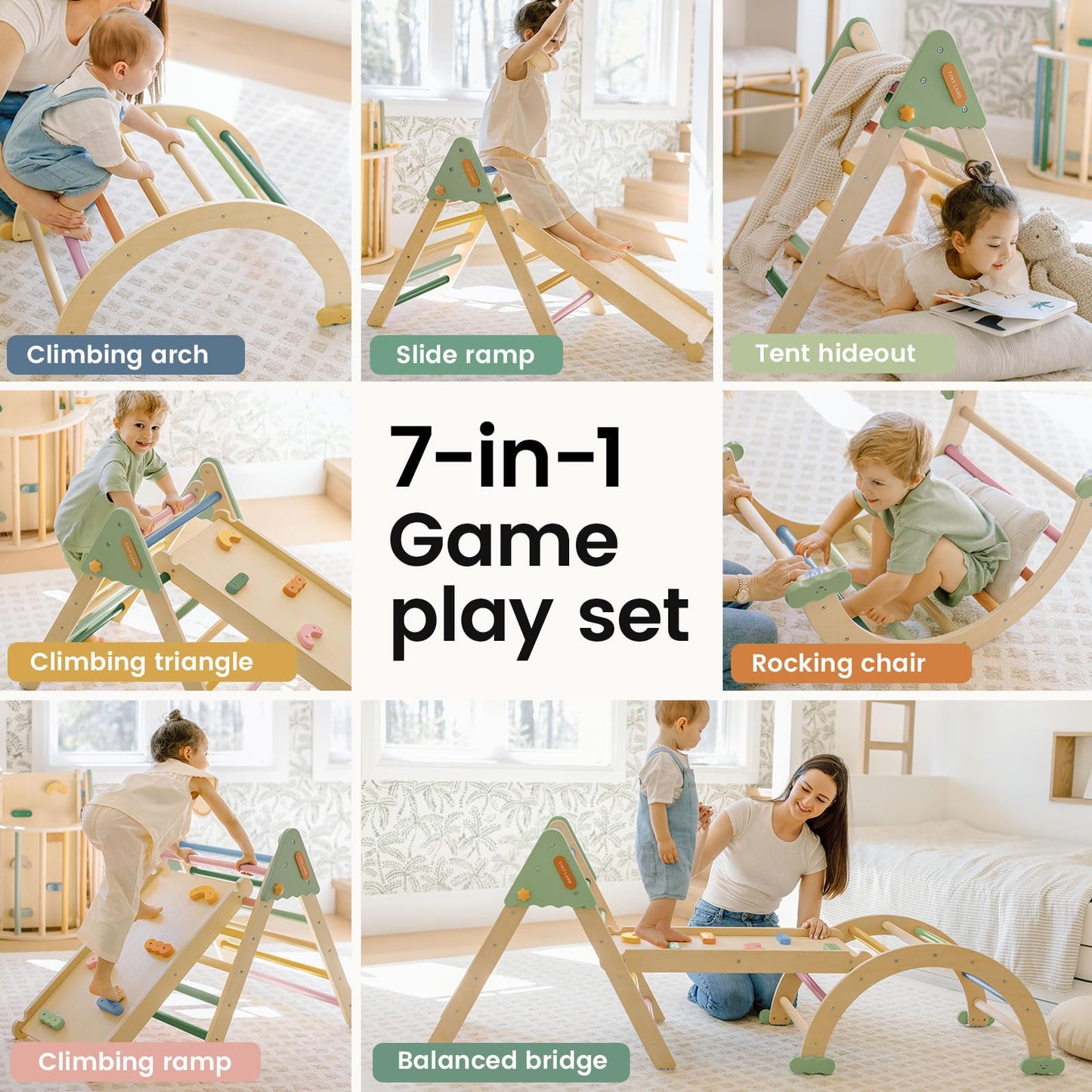 Tiny Land 7-in-1 Foldable Pikler Triangle Set - Montessori Climber (Morandi)