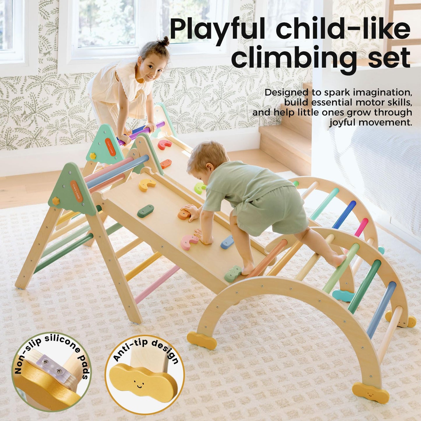 Tiny Land 7-in-1 Foldable Pikler Triangle Set - Montessori Climber (Morandi)