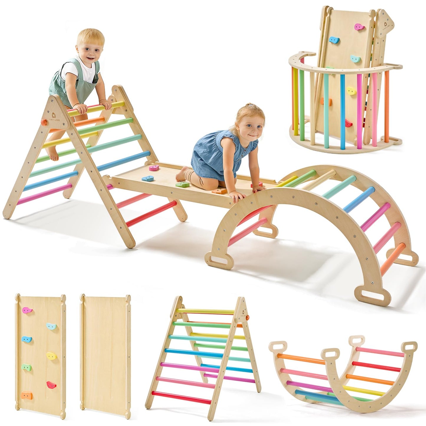 Tiny Land Pikler Triangle Set – 7-in-1 Foldable Rainbow Climbing Toy for Toddlers | Montessori-Inspired Indoor Playground
