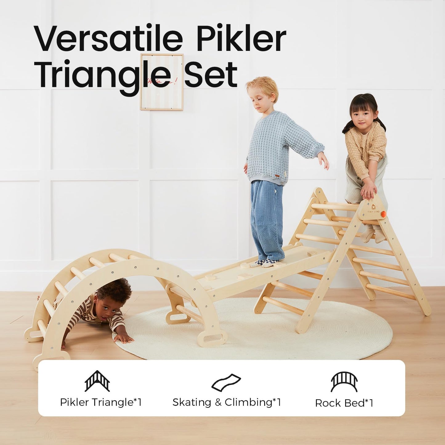 Tiny Land Pikler Triangle Set – 7-in-1 Foldable Montessori Climbing Toy for Toddlers (Natural Wood)