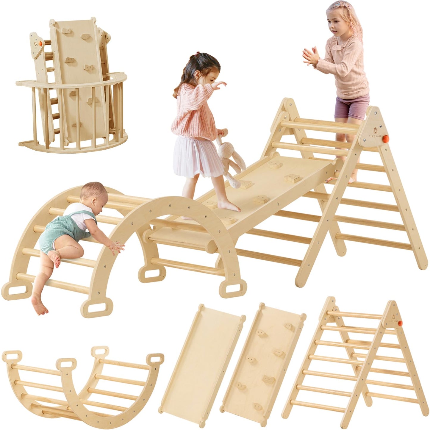 Tiny Land Pikler Triangle Set – 7-in-1 Foldable Montessori Climbing Toy for Toddlers (Natural Wood)