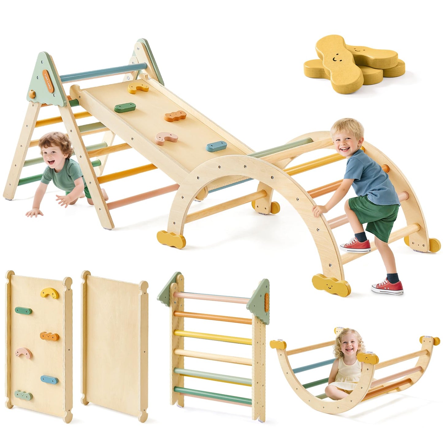 Tiny Land 7-in-1 Foldable Pikler Triangle Set - Montessori Climber (Morandi)