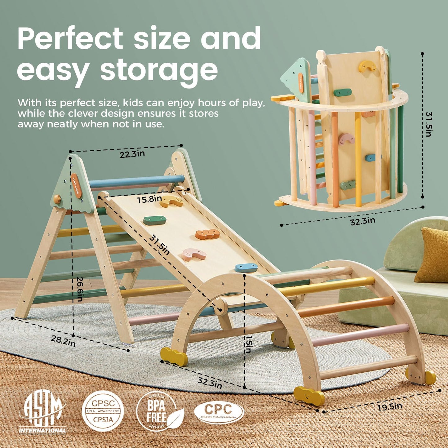 Tiny Land 7-in-1 Foldable Pikler Triangle Set - Montessori Climber (Morandi)
