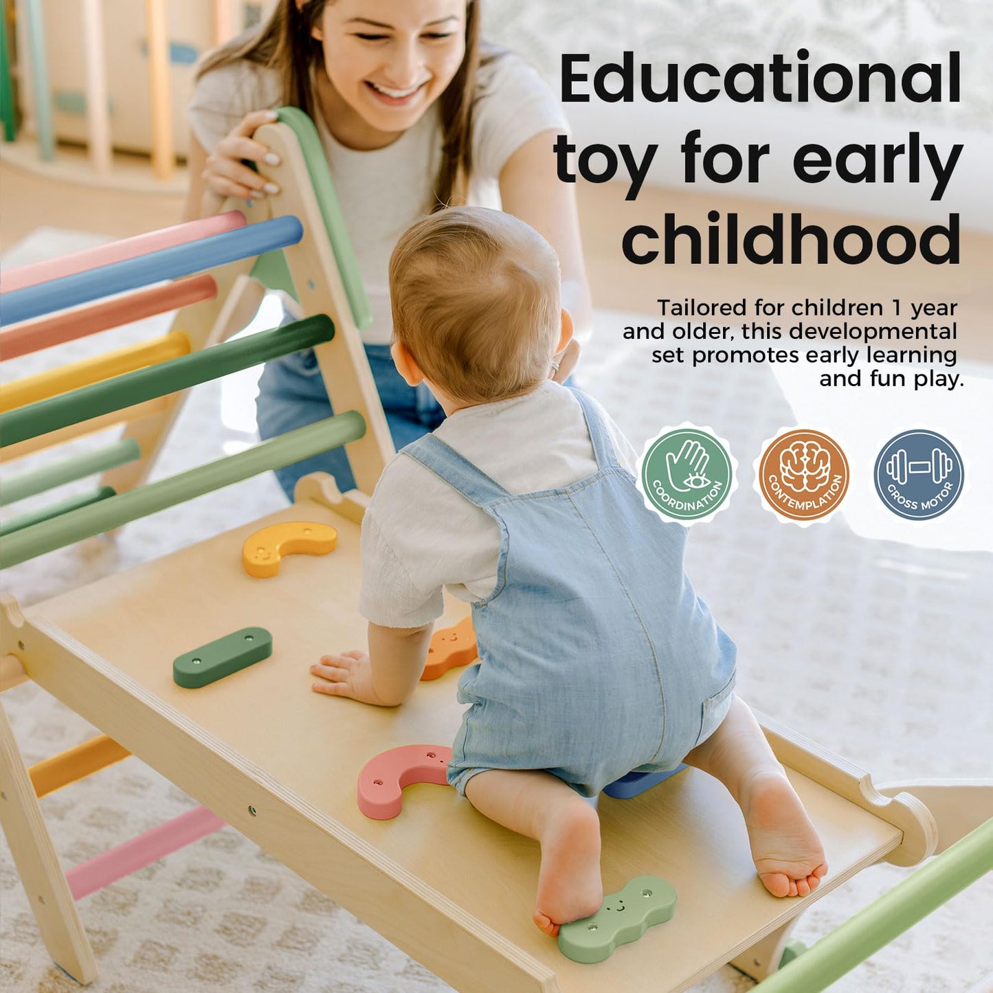 Tiny Land 7-in-1 Foldable Pikler Triangle Set - Montessori Climber (Morandi)