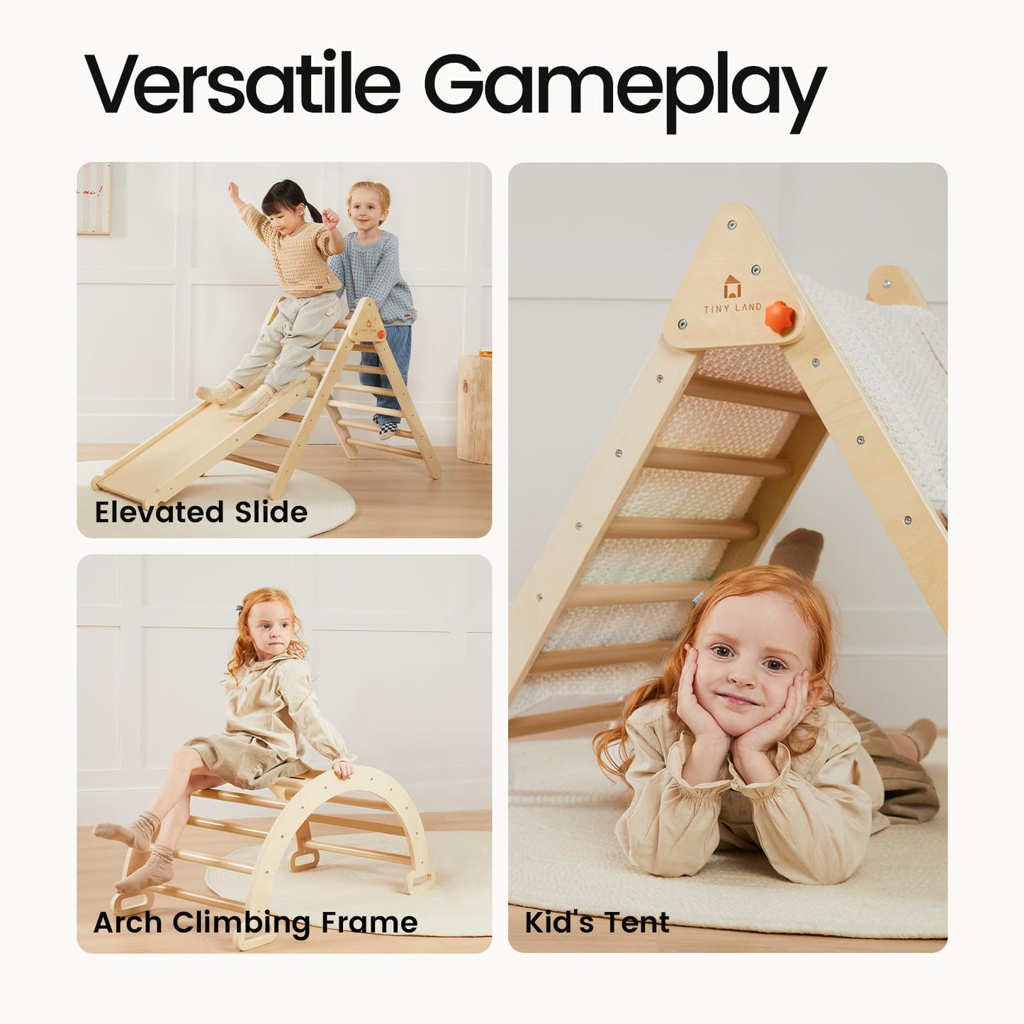 Tiny Land Pikler Triangle Set – 7-in-1 Foldable Montessori Climbing Toy for Toddlers (Natural Wood)