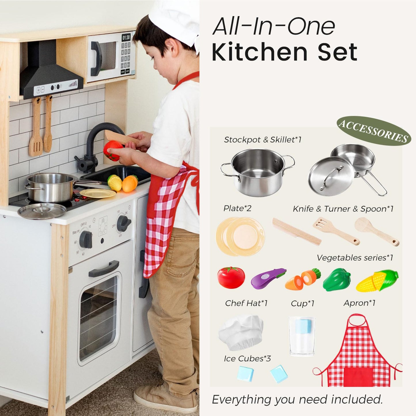 Tiny Land Play Kitchen for Kids – Wooden Kitchen Playset with Real Lights & Sounds + 18-Piece Accessories
