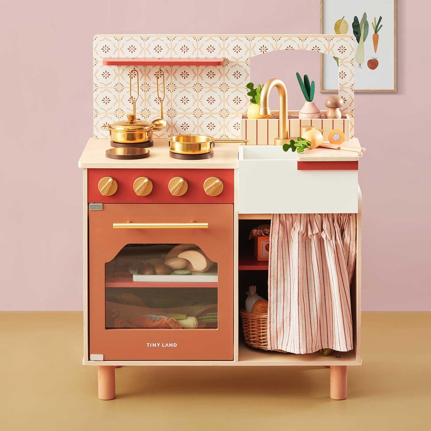 Tiny Land Play Kitchen for Toddlers | Wooden Kitchen Playset with Cutting Food & Cookware