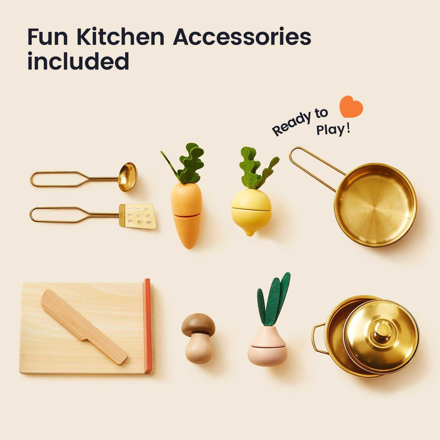 Tiny Land Play Kitchen for Toddlers | Wooden Kitchen Playset with Cutting Food & Cookware